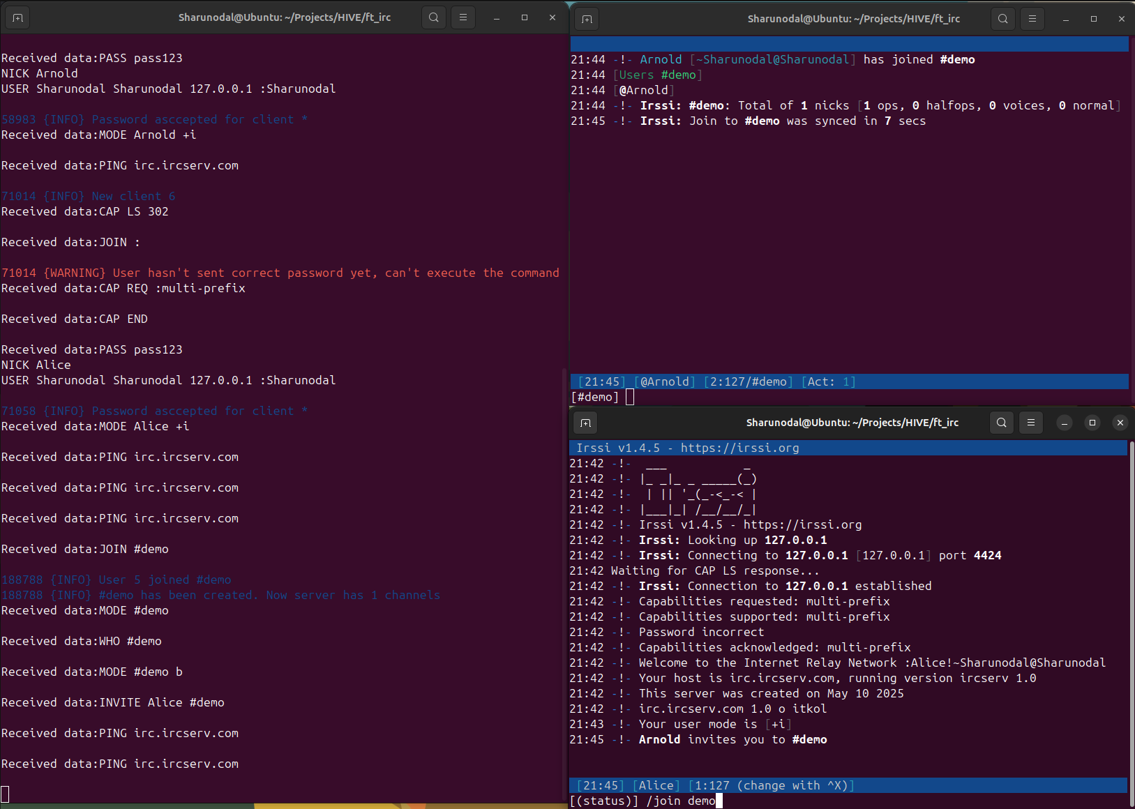 Arnold joining the #demo channel and inviting Alice while the server processes the corresponding JOIN, WHO, MODE, and INVITE commands.